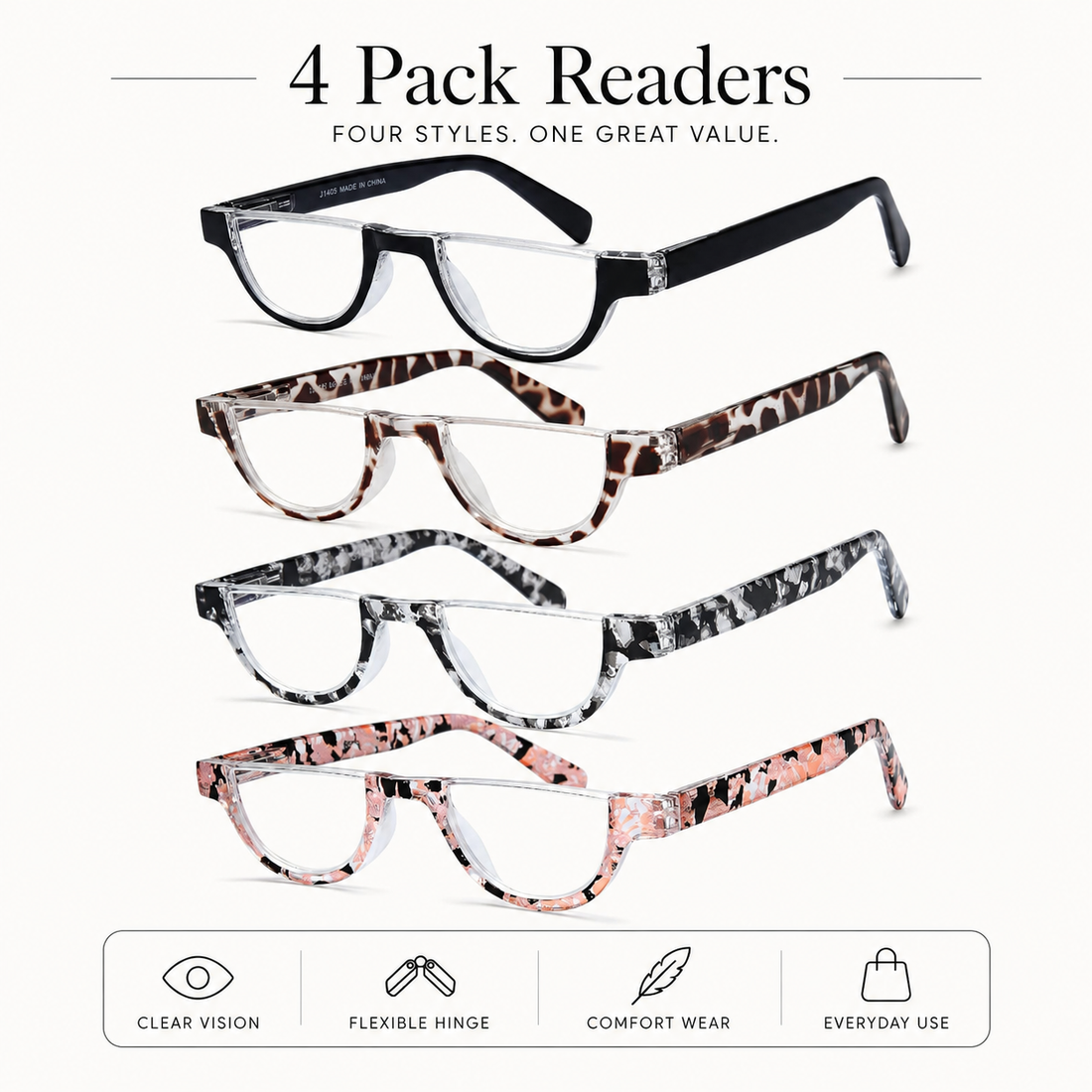 4-Pack Fashion Semi-Rimless Blue-Light Readers for Women - product photo 1