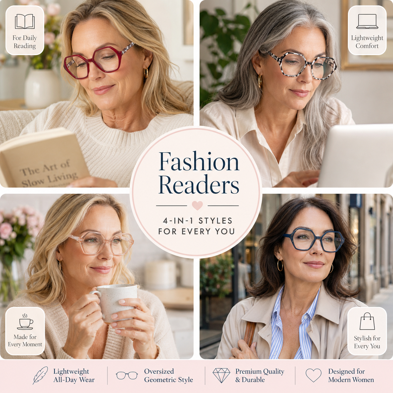 EYEURL 4 Pack Vintage Diamond Frame Reading Glasses – Blue Light Blocking Computer Readers for Women and Men, Lightweight Anti-Glare Eyeglasses with Spring Hinges