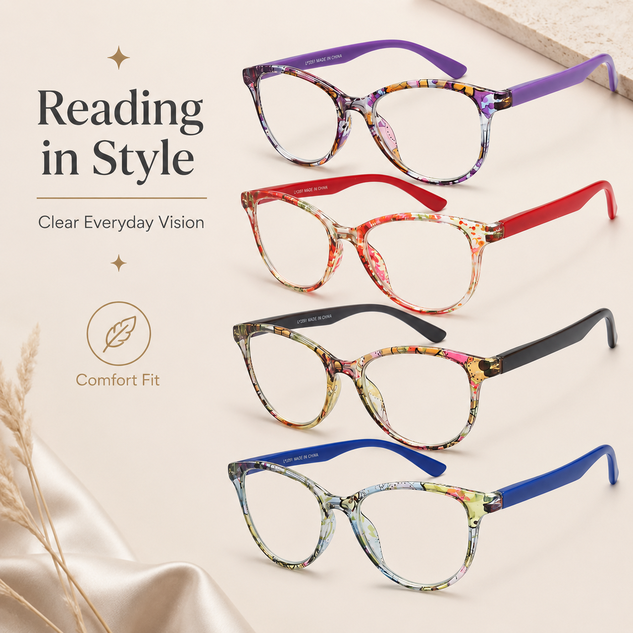 Fashion Cat Eye Reading Glasses for Women, 4-Pack Floral Pattern Readers with Spring Hinges, Lightweight Comfortable Frame, Anti Eyestrain Cheaters Secondary image