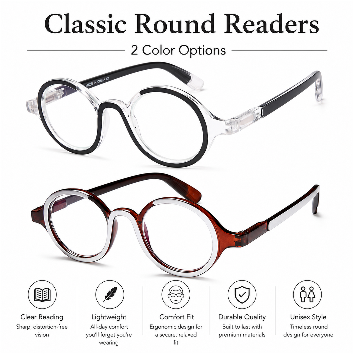 Round Blue-Light Readers for Men & Women – Black & Brown - product photo 3