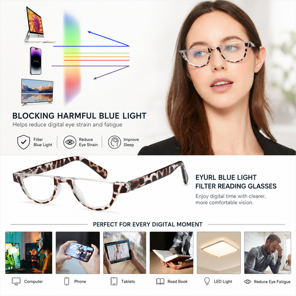 EYEURL Half Frame Reading Glasses for Women-4 Pack Blue Light Glasses Fashion Computer Readers for Women Anti UV Ray Eyeglasses with Spring Hinges