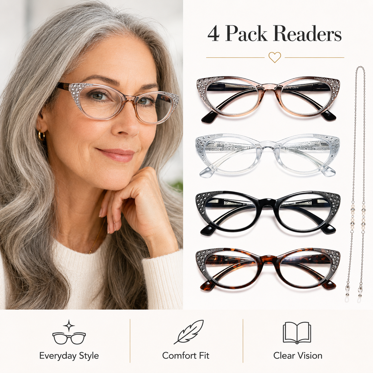 EYEURL Cat Eye Reading Glasses for Women – 4 Pack Blue Light Blocking Fashion Computer Readers with Spring Hinges, Anti-Glare Stylish Eyewear for Office and Daily Use