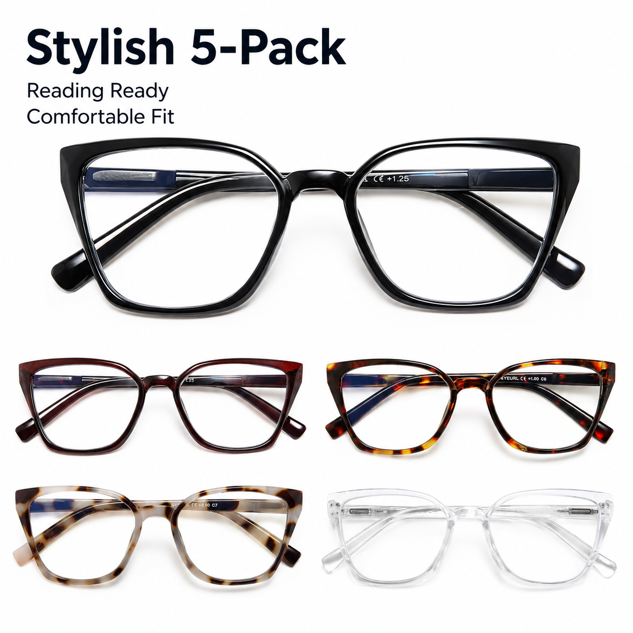 Stylish EYEURL 5-Pack Cat Eye Reading Glasses for Women – Blue Light Blocking Reading Glasses with Fashion Square Frames & Comfortable Spring Hinges