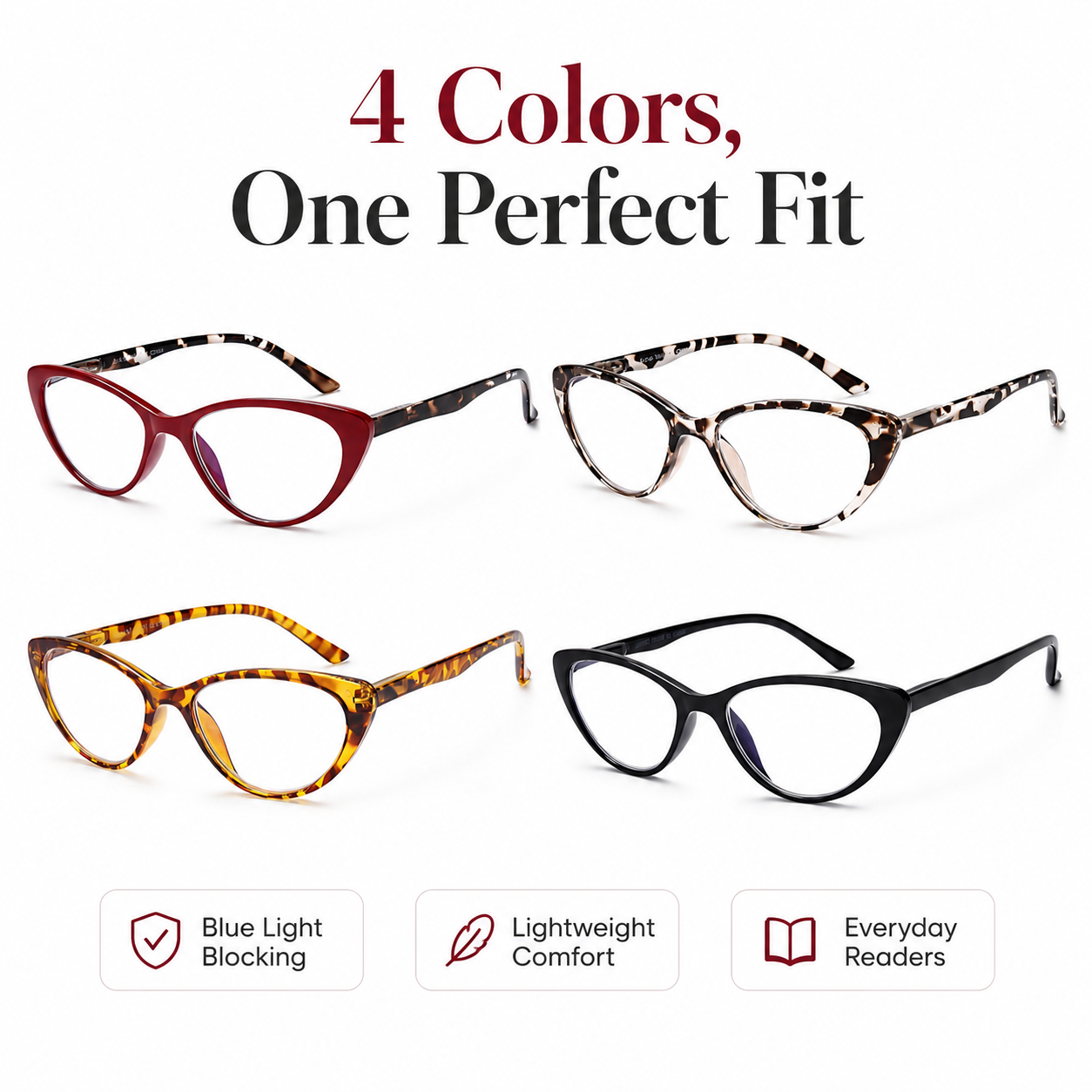EYEURL Stylish Cat Eye Reading Glasses for Women – 4 Pack Blue Light Blocking Computer Readers, Anti-Glare Lightweight Eyewear