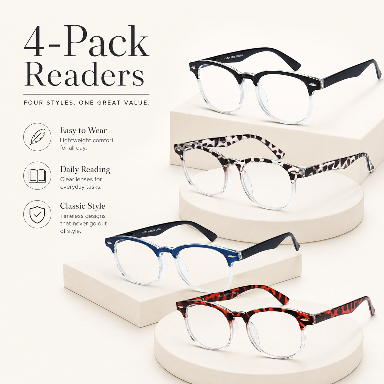 EYEURL 4 Pack Round Reading Glasses for Women and Men Blue Light Blocking Readers, Plastic Computer Glasses with Spring Hinges, 2.50 Eyeglasses Anti Glare&UV Rays, Black/Tortoise/Blue/Red Tortoise