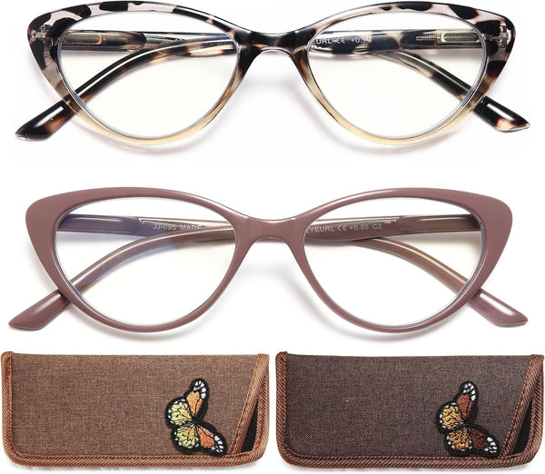 EYEURL Cat Eye Reading Glasses for Women - 2 Pack Blue Light Blocking Readers +1.75, Fashion Ladies Computer Eyeglasses with Spring Hinges