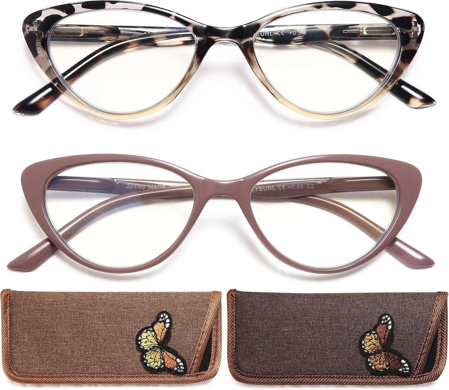 EYEURL Stylish Cat Eye Reading Glasses for Women – 2 Pack Blue Light Blocking Readers, Comfortable Spring Hinge Design