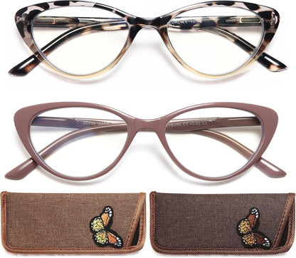 EYEURL Stylish Cat Eye Reading Glasses for Women – 2 Pack Blue Light Blocking Readers, Comfortable Spring Hinge Design