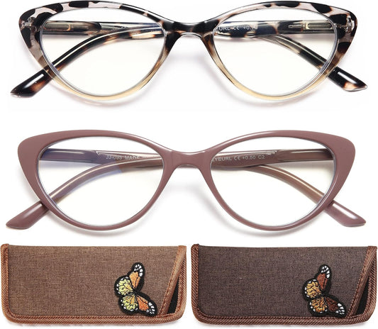 EYEURL Stylish Cat Eye Reading Glasses for Women – 2 Pack Blue Light Blocking Readers, Comfortable Spring Hinge Design