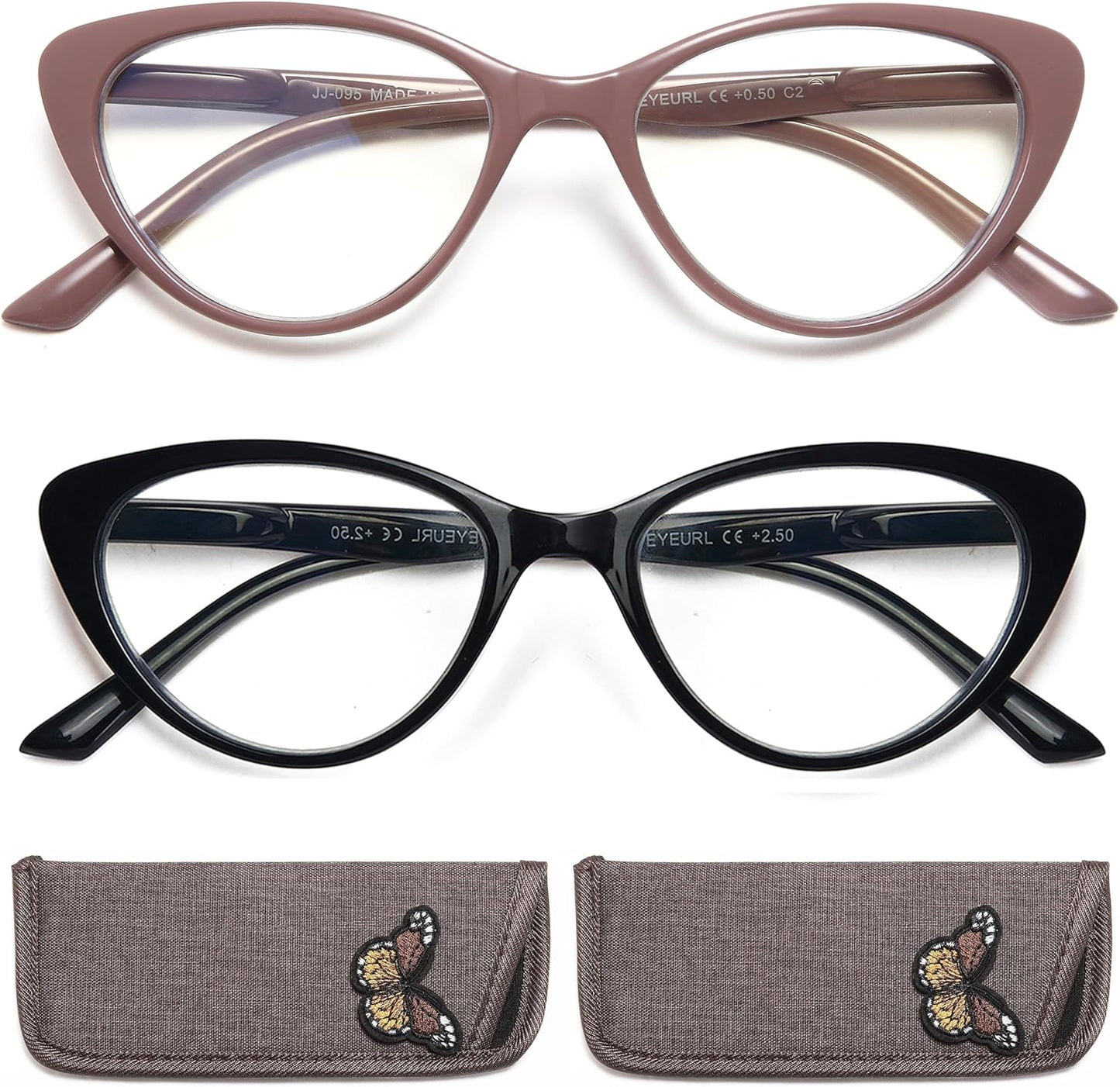 EYEURL Cat Eye Reading Glasses for Women – 2 Pack Stylish Blue Light Blocking Readers with Spring Hinge, Anti Glare & UV Protection