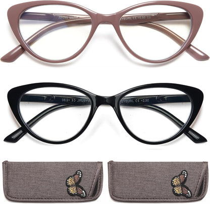 EYEURL Cat Eye Reading Glasses for Women – 2 Pack Stylish Blue Light Blocking Readers with Spring Hinge, Anti Glare & UV Protection