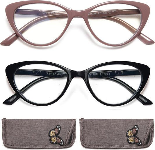 EYEURL Cat Eye Reading Glasses for Women – 2 Pack Stylish Blue Light Blocking Readers with Spring Hinge, Anti Glare & UV Protection