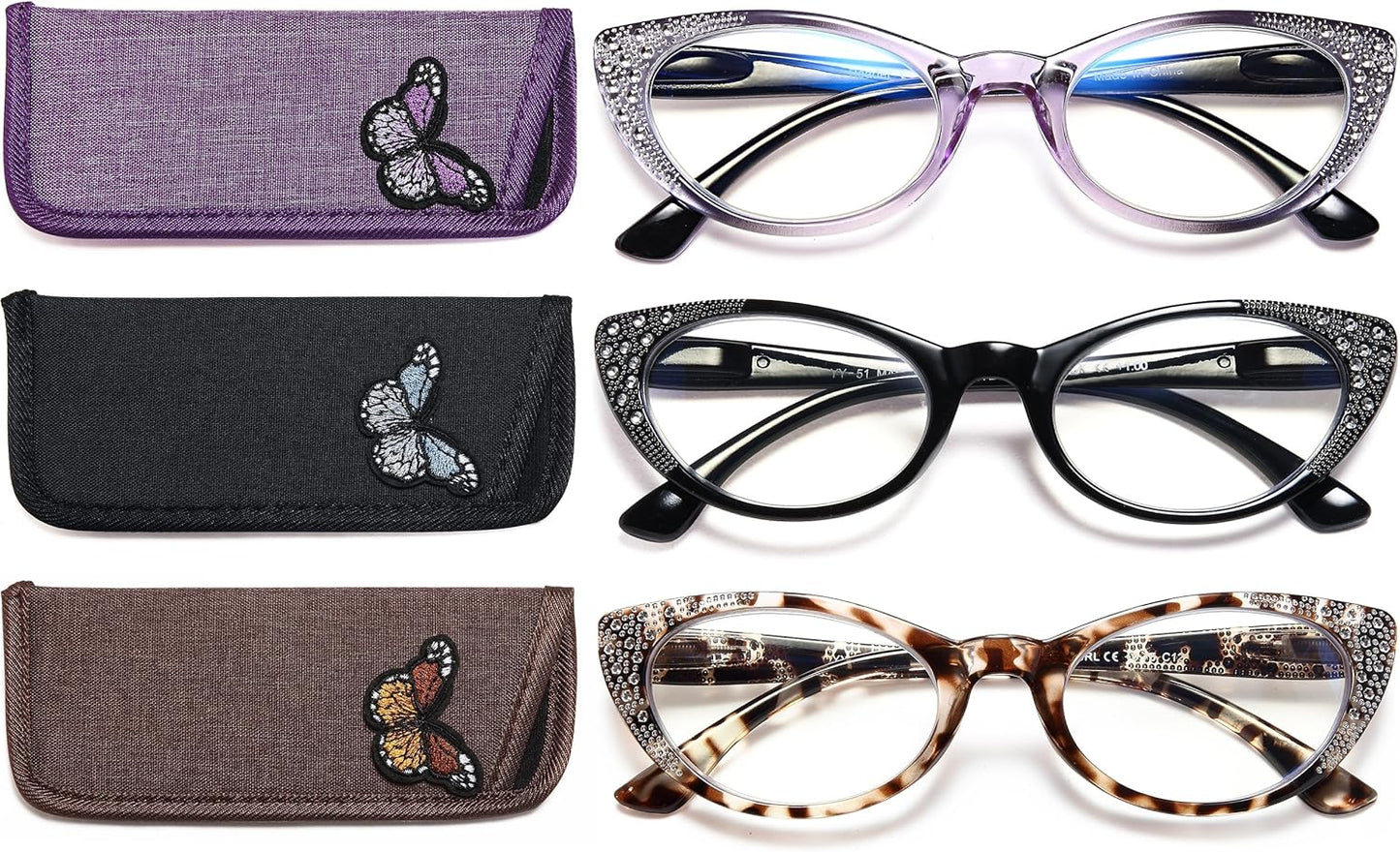 EYEURL Cat Eye Reading Glasses 3-Pack – Blue Light Blocking Computer Readers for Women, Rhinestone Frame Design, Anti UV & Anti Glare Eyeglasses