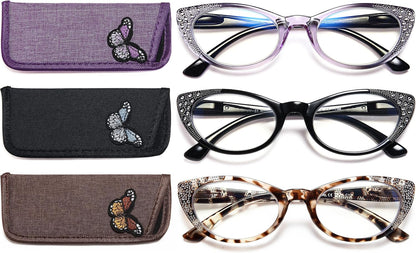 EYEURL Cat Eye Reading Glasses 3-Pack – Blue Light Blocking Computer Readers for Women, Rhinestone Frame Design, Anti UV & Anti Glare Eyeglasses