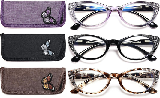 EYEURL Cat Eye Reading Glasses 3-Pack – Blue Light Blocking Computer Readers for Women, Rhinestone Frame Design, Anti UV & Anti Glare Eyeglasses
