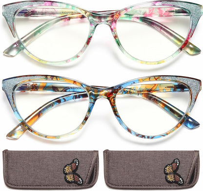 Blue Light Blocking Cat Eye Readers for Women – Computer Eyeglasses with Glitter Frame, Anti Glare Cheaters for All Face Shapes
