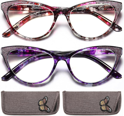 Cat Eye Reading Glasses for Women, Eyeglasses, Blue Light Readers for Women, Computer Eye Glasses, Cheaters, Stylish Glitter Frame for All Face Shapes