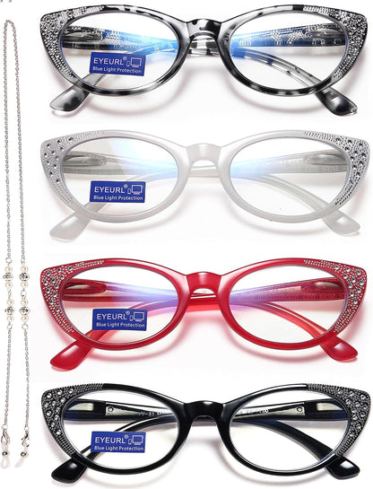 EYEURL Cat Eye Reading Glasses for Women - Blue Light Blocking 3 Pack Ladies Fashion Readers with Flexible Spring Hinges, Anti-Glare&UV Rays +1.50 Eyeglasses, Brown/Green/Purple