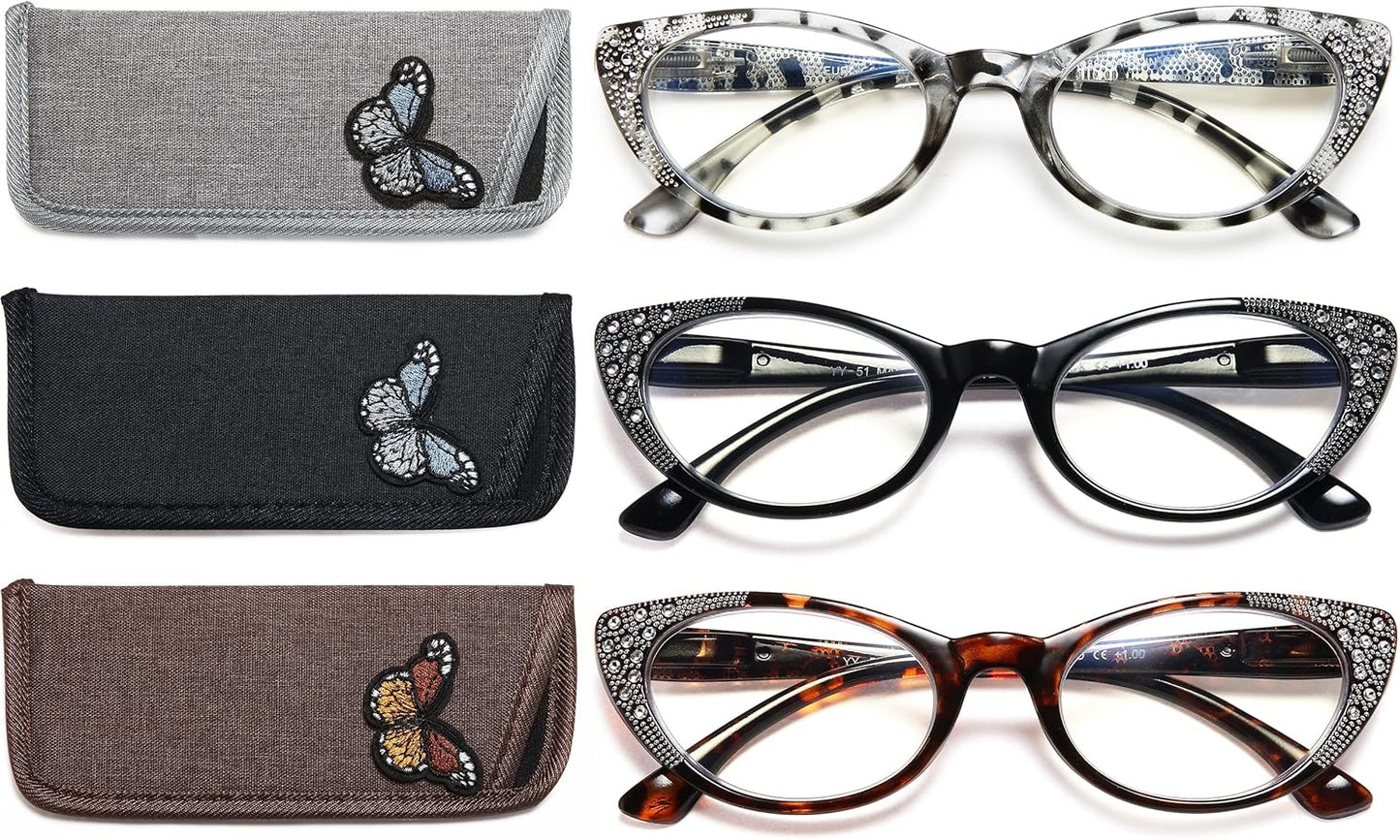 EYEURL 3-Pack Cat Eye Reading Glasses for Women – Blue Light Blocking Computer Readers with Rhinestones, Spring Hinges & UV Protection