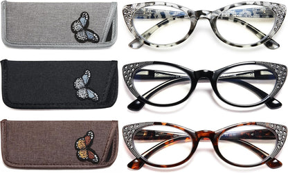 EYEURL 3-Pack Cat Eye Reading Glasses for Women – Blue Light Blocking Computer Readers with Rhinestones, Spring Hinges & UV Protection