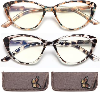 EYEURL Cat Eye Reading Glasses for Women - 2 Pack Blue Light Blocking Computer Readers Spring Hinge Anti Glare/UV Ray Eyeglasses