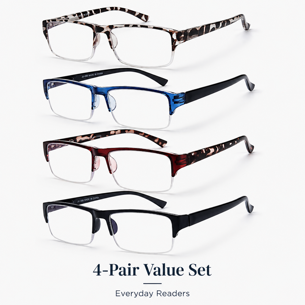 EYEURL 4 Pack Half Frame Blue Light Reading Glasses – Stylish Rectangle Semi-Rimless Readers for Men and Women, Lightweight Eyewear with Spring Hinges
