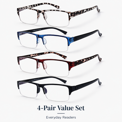EYEURL 4 Pack Half Frame Blue Light Reading Glasses – Stylish Rectangle Semi-Rimless Readers for Men and Women, Lightweight Eyewear with Spring Hinges
