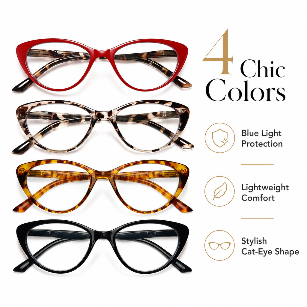 EYEURL Stylish Cat Eye Reading Glasses for Women – 4 Pack Blue Light Blocking Computer Readers, Anti-Glare Lightweight Eyewear
