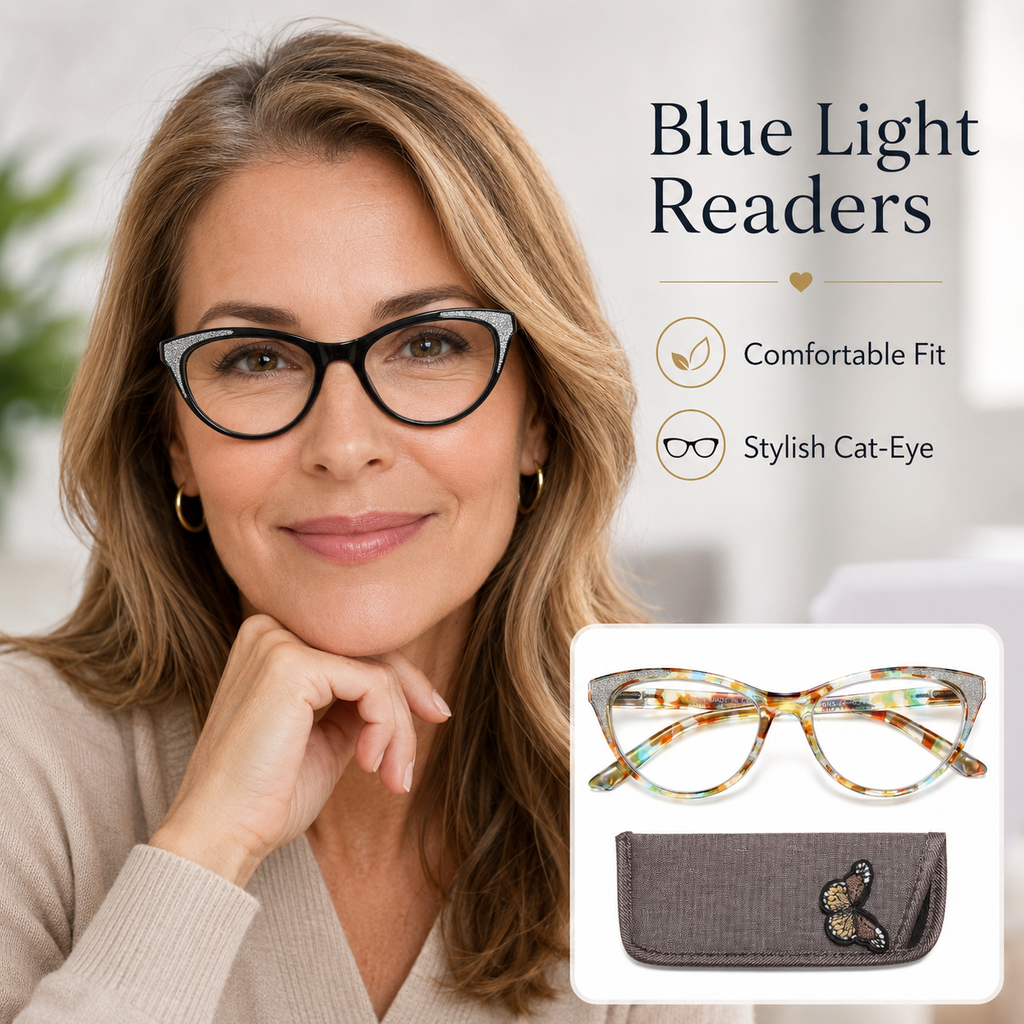 Cat Eye Reading Glasses for Women – Blue Light Blocking Computer Readers with Stylish Glitter Frame, Comfortable Eyeglasses for All Face Shapes