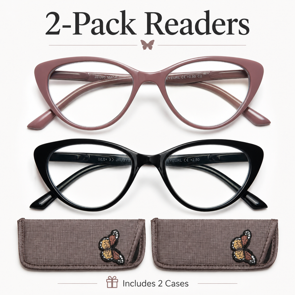 EYEURL Cat Eye Reading Glasses for Women – 2 Pack Stylish Blue Light Blocking Readers with Spring Hinge, Anti Glare & UV Protection