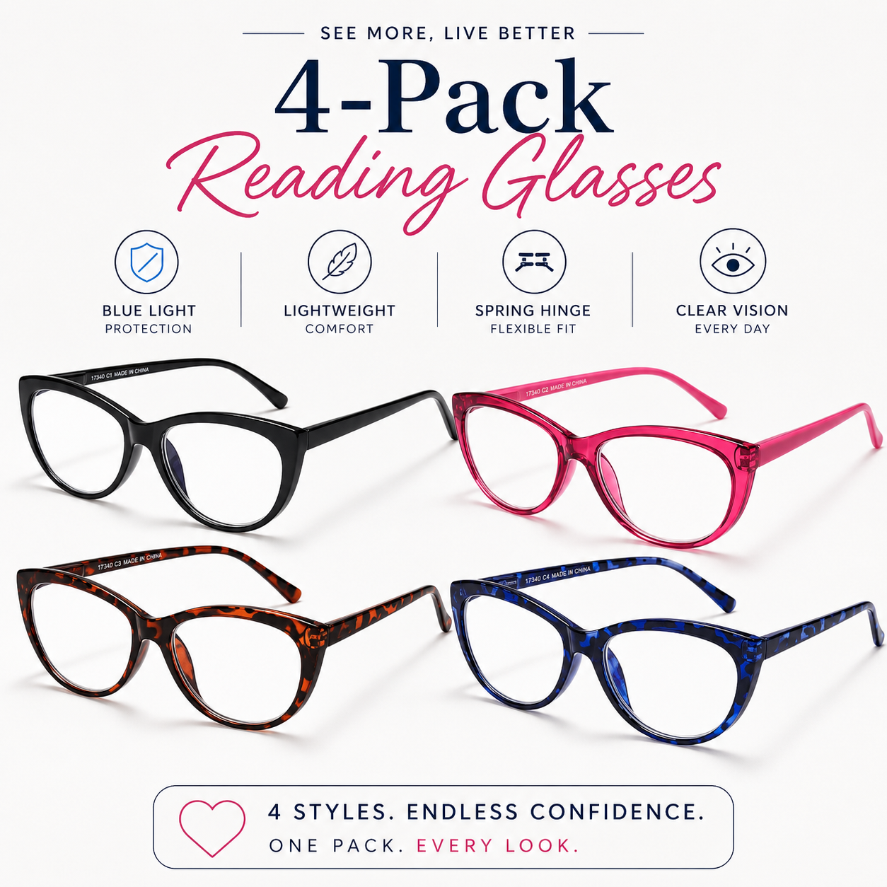 EYEURL Fashion Cat Eye Reading Glasses for Women – 4 Pack Lightweight Blue Light Blocking Readers with Spring Hinges, Anti-UV Computer Eyeglasses
