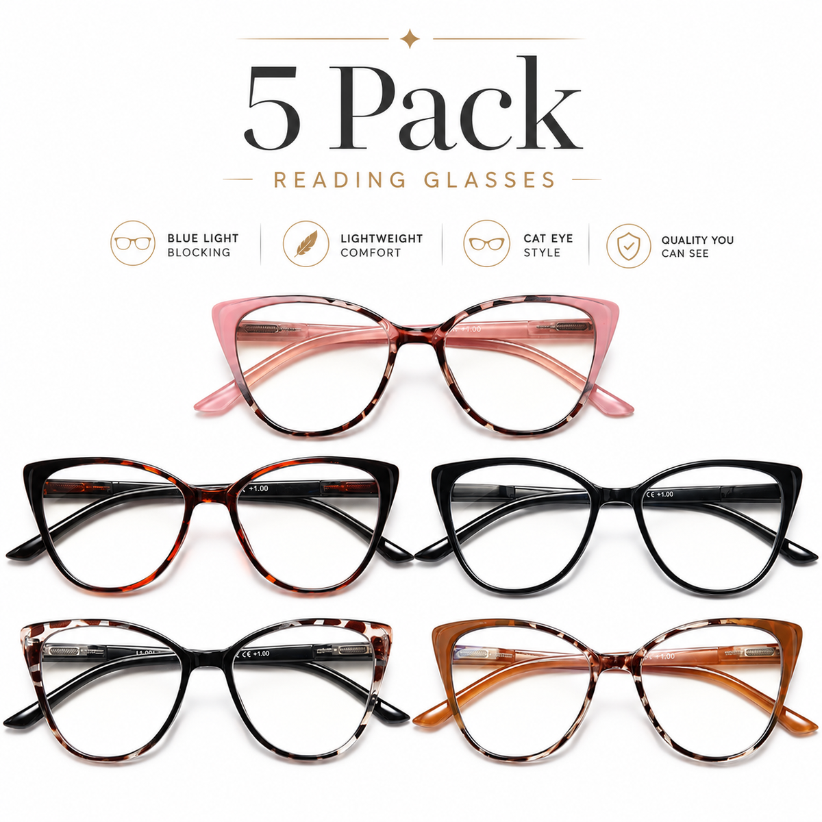 5-Pack Fashion Cat-Eye Blue-Light Readers for Women - product photo 3