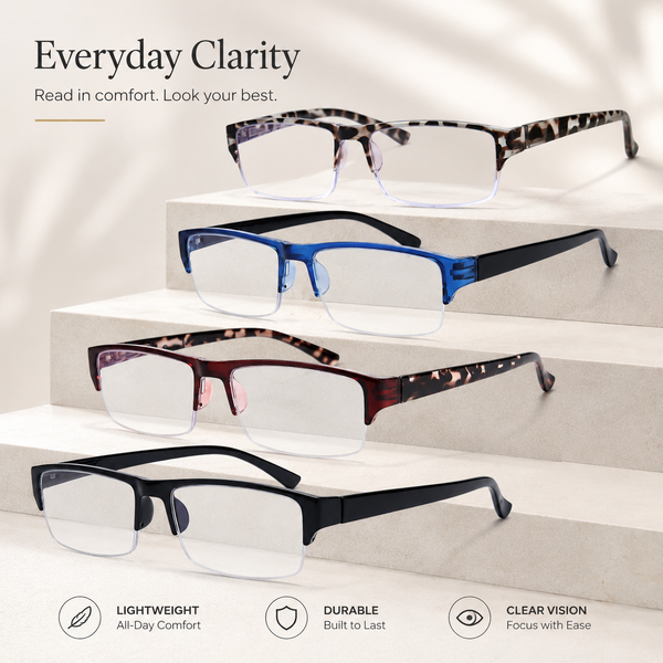 EYEURL 4-Pack Half Frame Reading Glasses for Women Blue Light Blocking Computer Readers for Men Lightweight Rectangle Semi Rimless Computer Glare/UV Half Frame Spring Hinge Eyeglasses,1.5