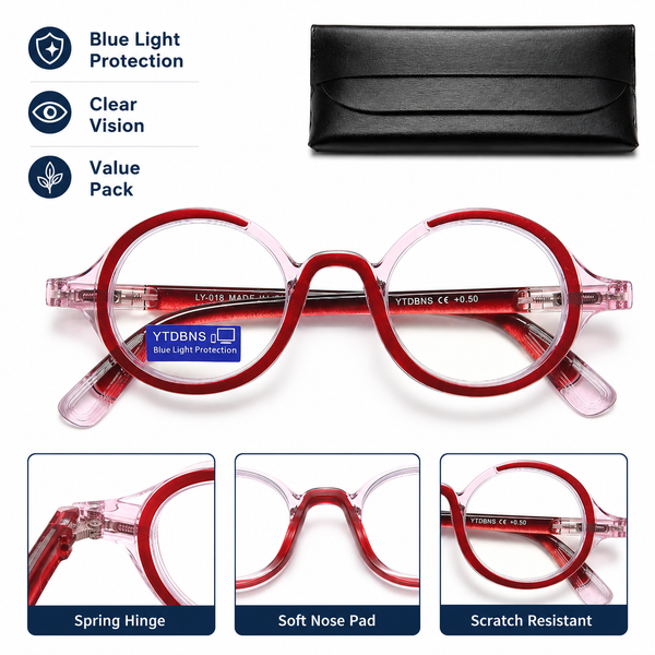 Retro Round Reading Glasses for Men and Women, Stylish Color Frame Design, Blue Light Blocking, Spring Hinges, Anti Eye Strain Computer Readers