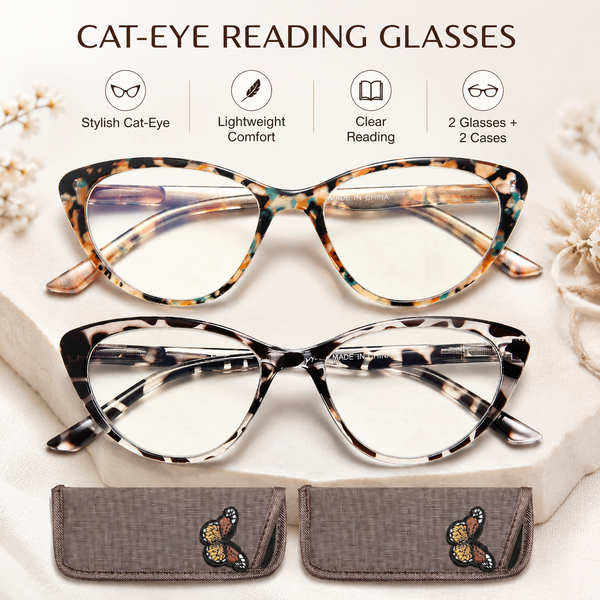 EYEURL Cat Eye Reading Glasses for Women - 2 Pack Blue Light Blocking Computer Readers Spring Hinge Anti Glare/UV Ray Eyeglasses
