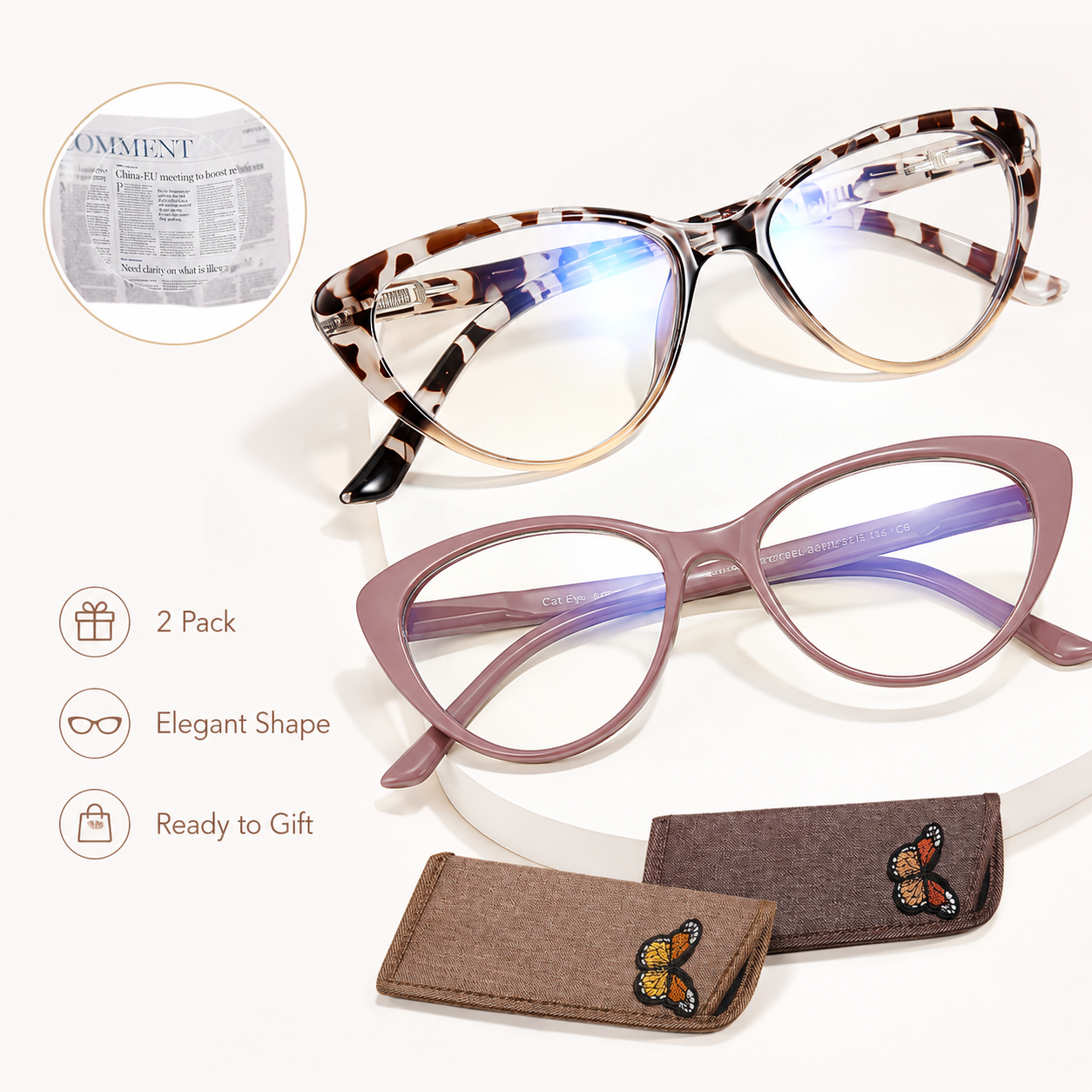 EYEURL Stylish Cat Eye Reading Glasses for Women – 2 Pack Blue Light Blocking Readers, Comfortable Spring Hinge Design