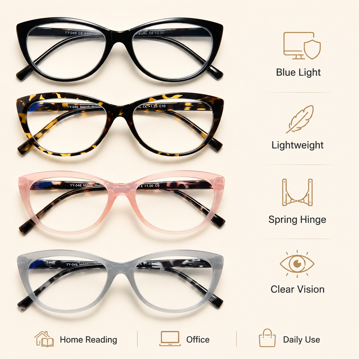 EYEURL Blue Light Blocking Cat Eye Reading Glasses for Women – 4 Pack Stylish Readers, Anti Eyestrain UV Protection Eyewear for Work and Reading