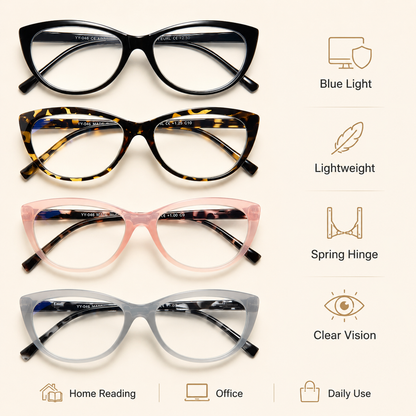 EYEURL Blue Light Blocking Cat Eye Reading Glasses for Women – 4 Pack Stylish Readers, Anti Eyestrain UV Protection Eyewear for Work and Reading