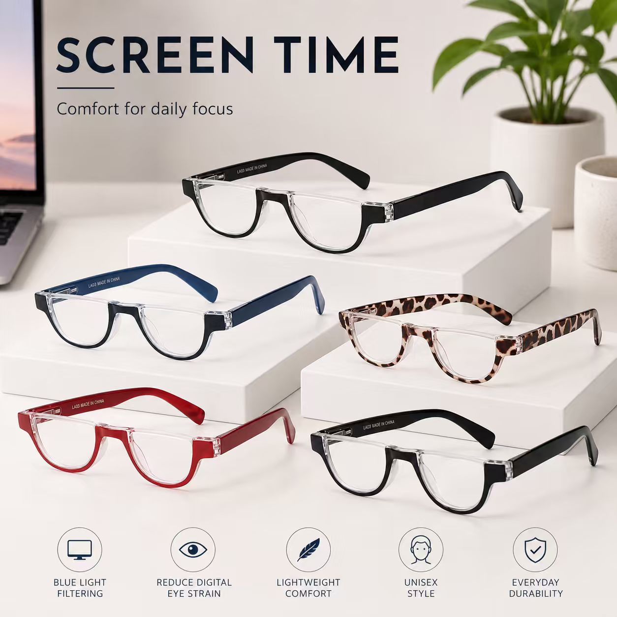 EYEURL Half Frame Reading Glasses for Women-5 Pack Blue Light Blocking Glasses Fashion Rimless Computer Readers for Women Anti UV Ray Eyeglasses with Spring Hinges,1.25