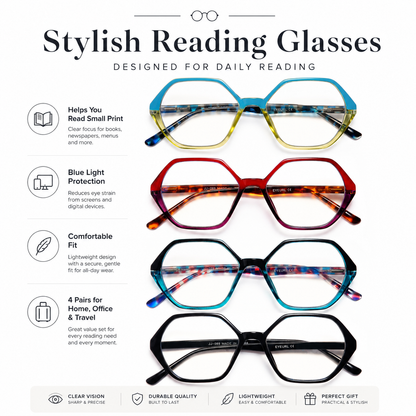 EYEURL Blue Light Blocking Diamond Shaped Reading Glasses – 4 Pack Vintage Computer Readers for Women and Men, Anti-Glare Lightweight Eyewear
