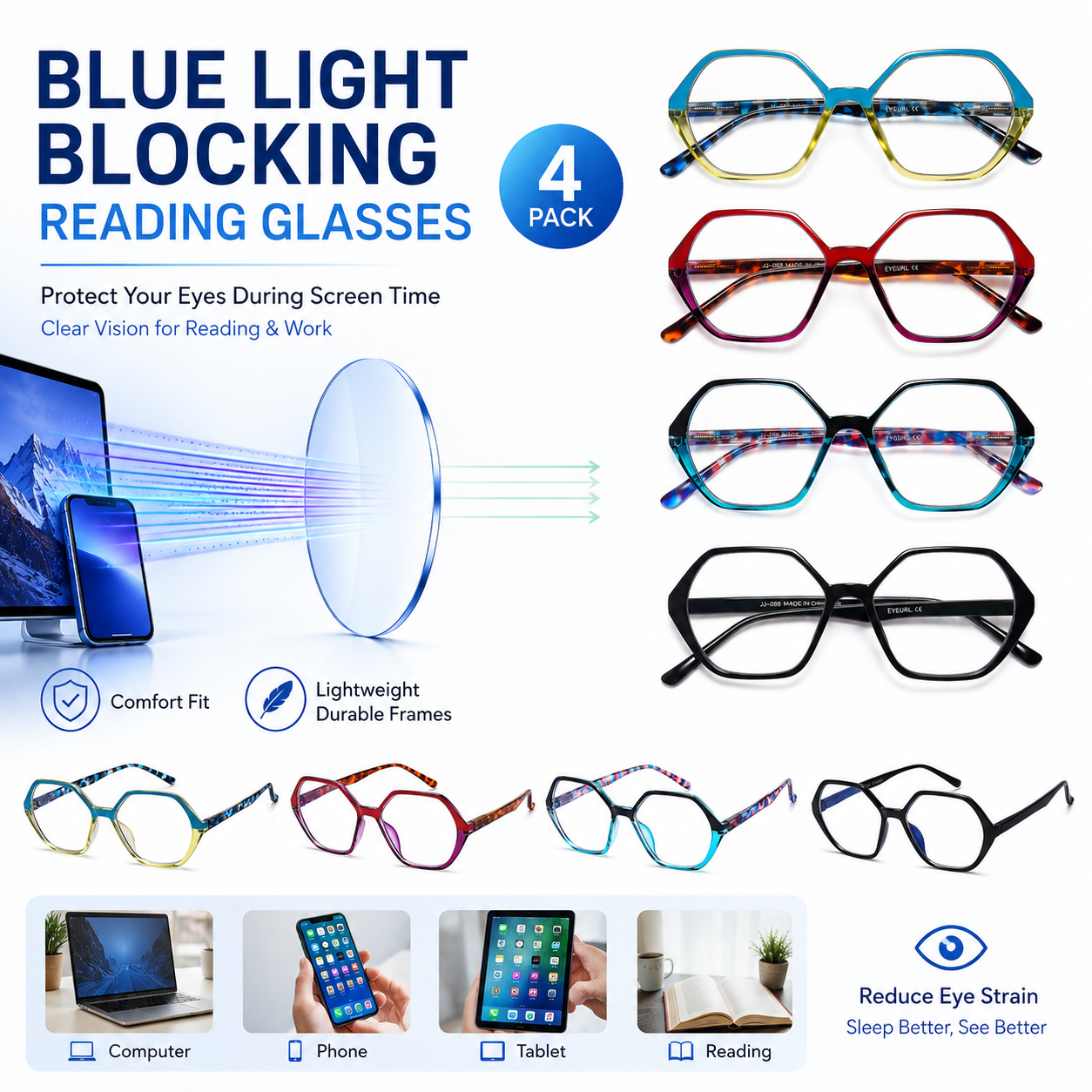 EYEURL Blue Light Blocking Diamond Shaped Reading Glasses – 4 Pack Vintage Computer Readers for Women and Men, Anti-Glare Lightweight Eyewear