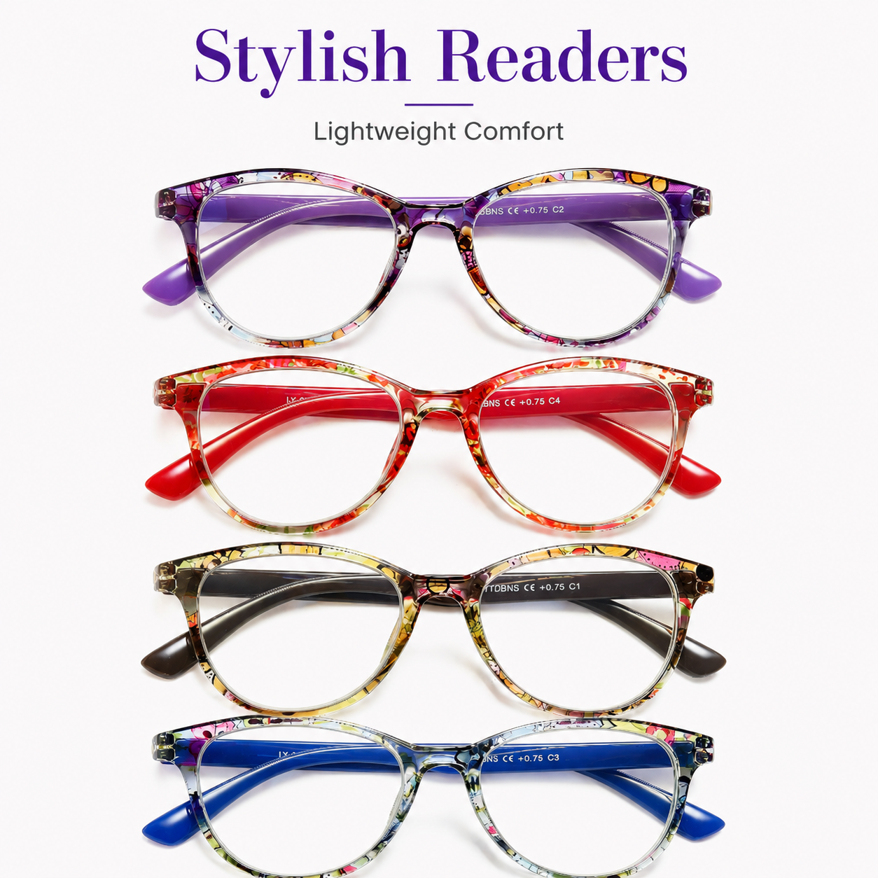 Fashion Cat Eye Reading Glasses for Women, 4-Pack Floral Pattern Readers with Spring Hinges, Lightweight Comfortable Frame, Anti Eyestrain Cheaters Main image