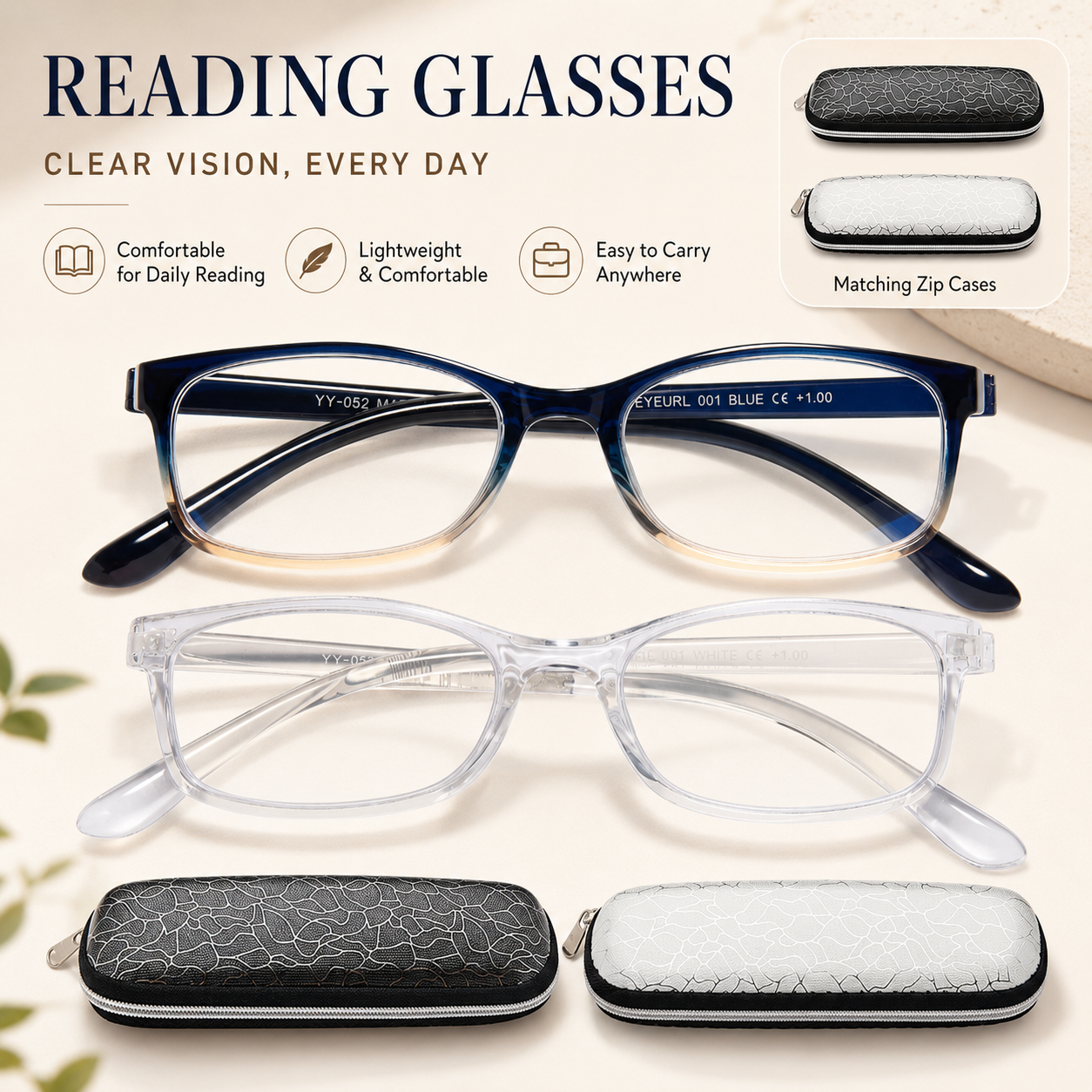 EYEURL 2 Pack Reading Glasses for Women Men, Blue Light Blocking Lightweight TR90 Readers Filter Glare/UV Rays/Eyestrain, 0.00 Main image