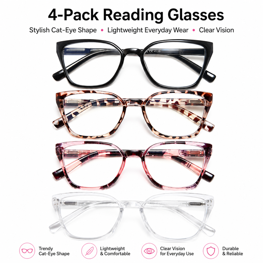 EYEURL 4-Pack Cat Eye Reading Glasses for Women – Fashion Blue Light Blocking Readers, Ladies Computer Eyeglasses