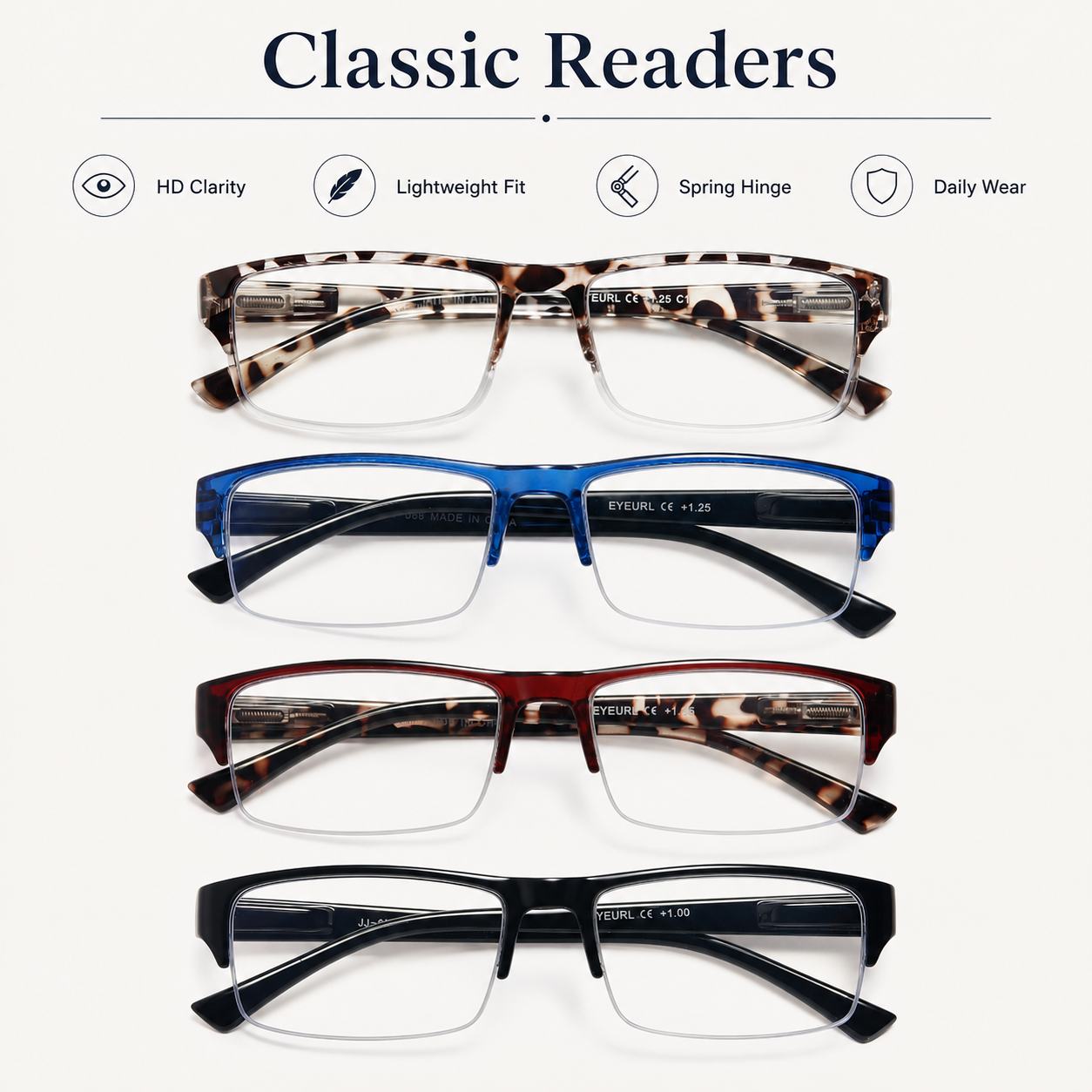EYEURL 4-Pack Half Frame Reading Glasses for Women Blue Light Blocking Computer Readers for Men Lightweight Rectangle Semi Rimless Computer Glare/UV Half Frame Spring Hinge Eyeglasses,1.5 Main image