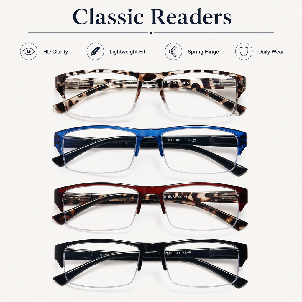 EYEURL 4-Pack Half Frame Reading Glasses for Women Blue Light Blocking Computer Readers for Men Lightweight Rectangle Semi Rimless Computer Glare/UV Half Frame Spring Hinge Eyeglasses,1.5