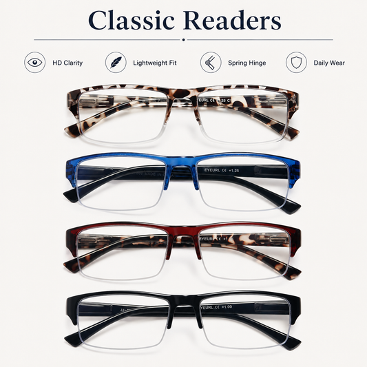 EYEURL 4-Pack Half Frame Reading Glasses for Women Blue Light Blocking Computer Readers for Men Lightweight Rectangle Semi Rimless Computer Glare/UV Half Frame Spring Hinge Eyeglasses,1.5