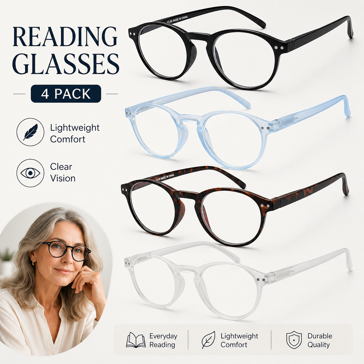 EYEURL 4-Pack Small Round Reading Glasses for Women Men Neck Hanging Blue Light Blocking Eyeglasses TR90 Readers for Women