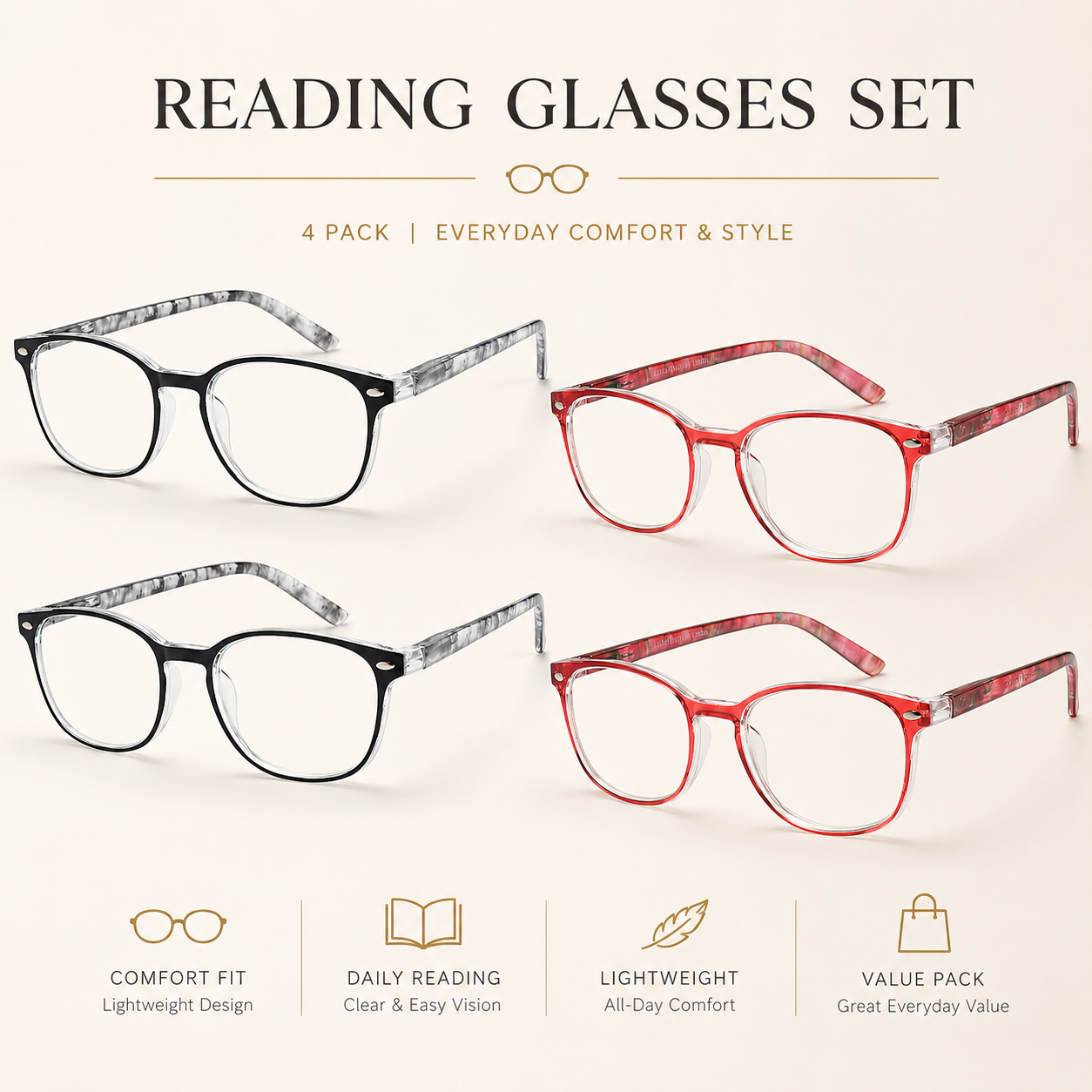 EYEURL Blue Light Blocking Reading Glasses Women, 4-Pack Spring Hinge Computer Readers,Anti UV Ray Square Nerd Eyeglasses +3.00