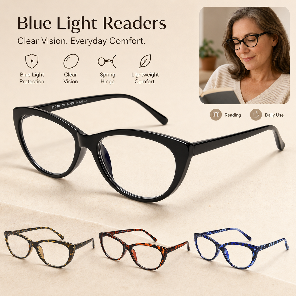 EYEURL 4 Pack Cat Eye Reading Glasses for Women – Stylish Blue Light Blocking Readers, Anti Eyestrain UV Protection Eyewear for Office and Home